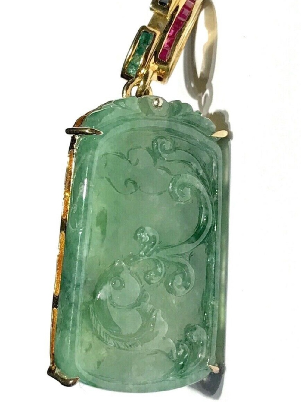 Vtg Signed Gilt 925 Sterling Carved Fish Jade Pendant Emerald Sapphire Ruby